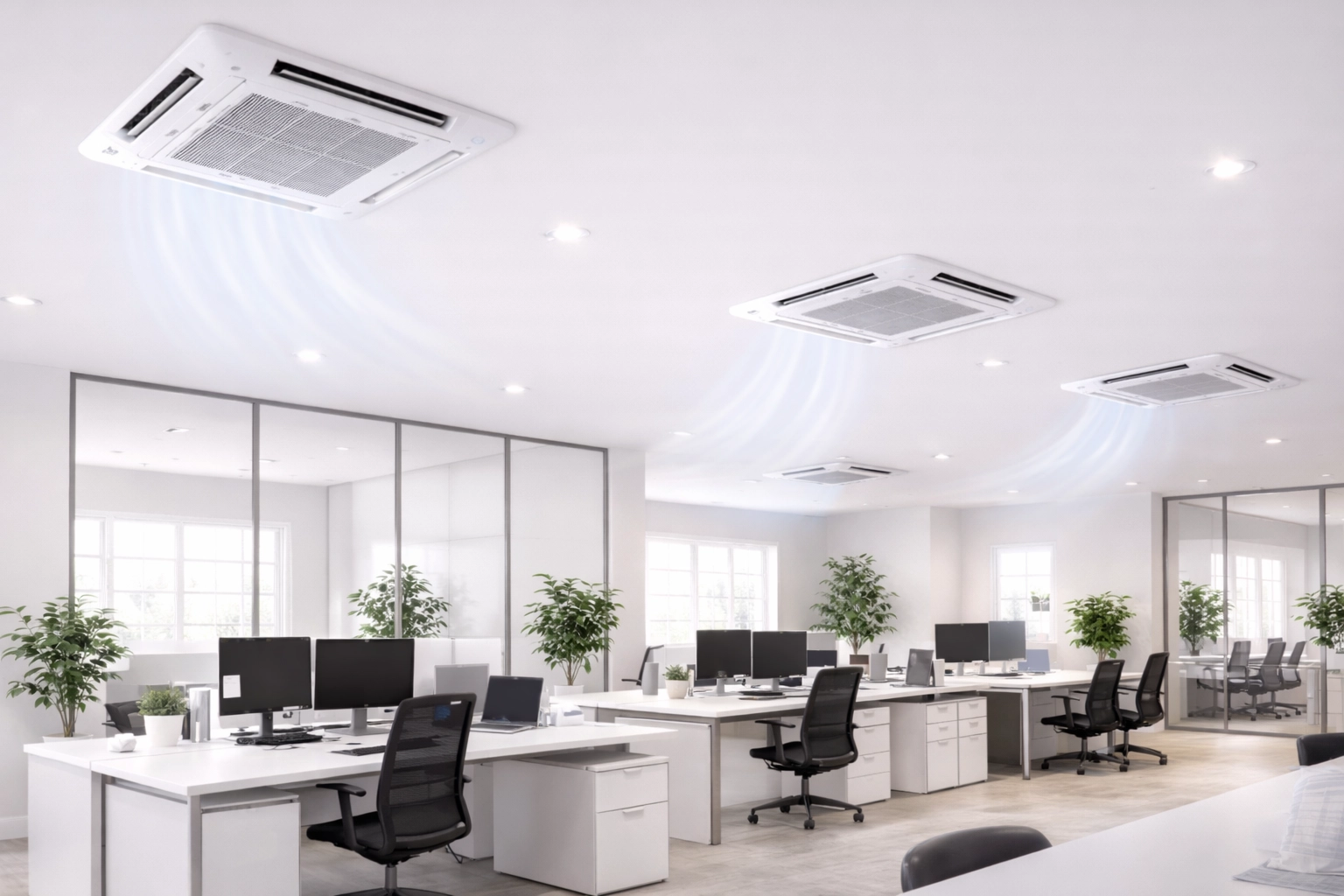 Ceiling cassette air conditioning unit installed in an office ceiling providing discreet, even heating and cooling throughout the workspace