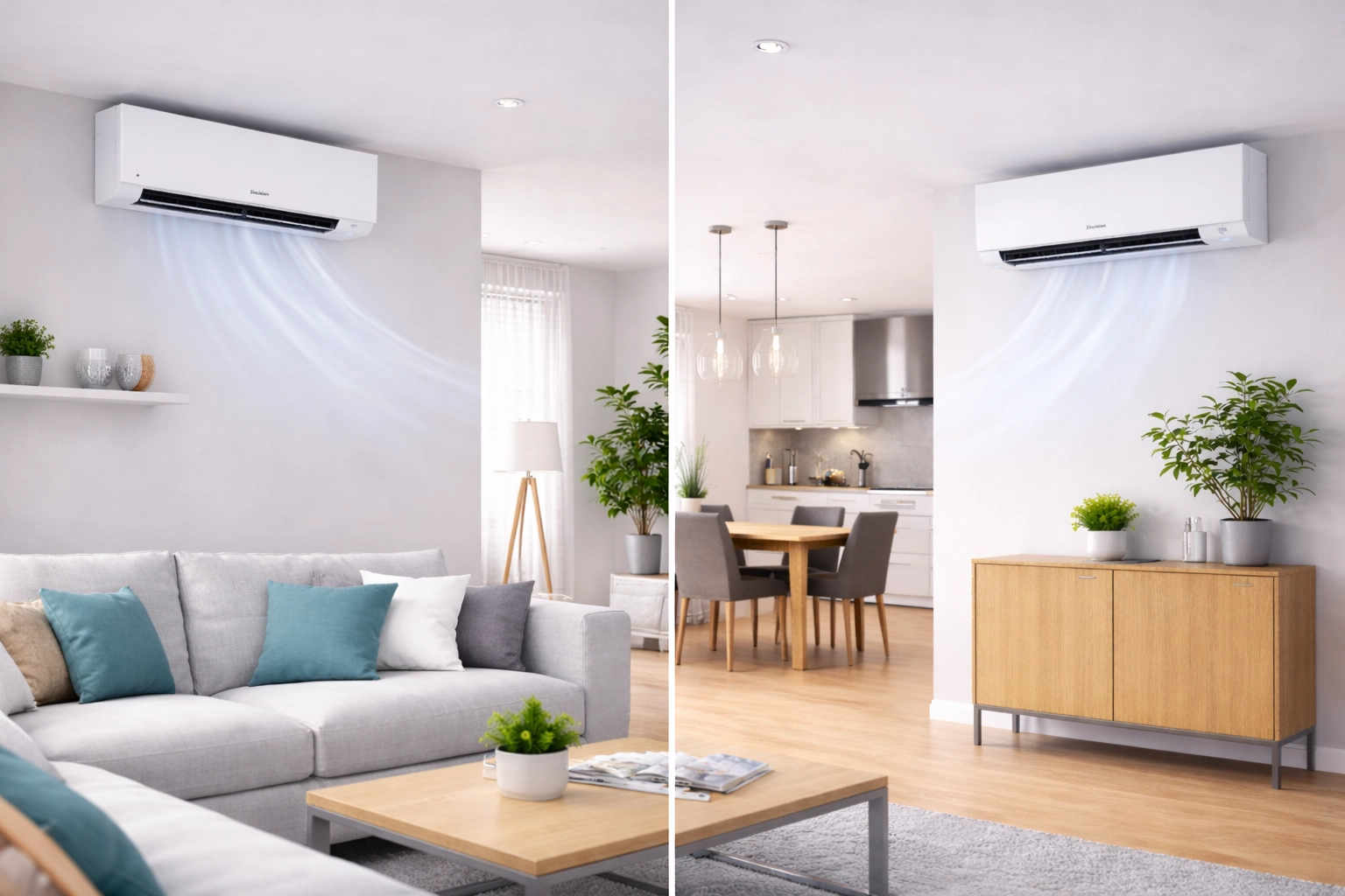 Multi-room air conditioning system installed to provide independent heating and cooling control across multiple areas