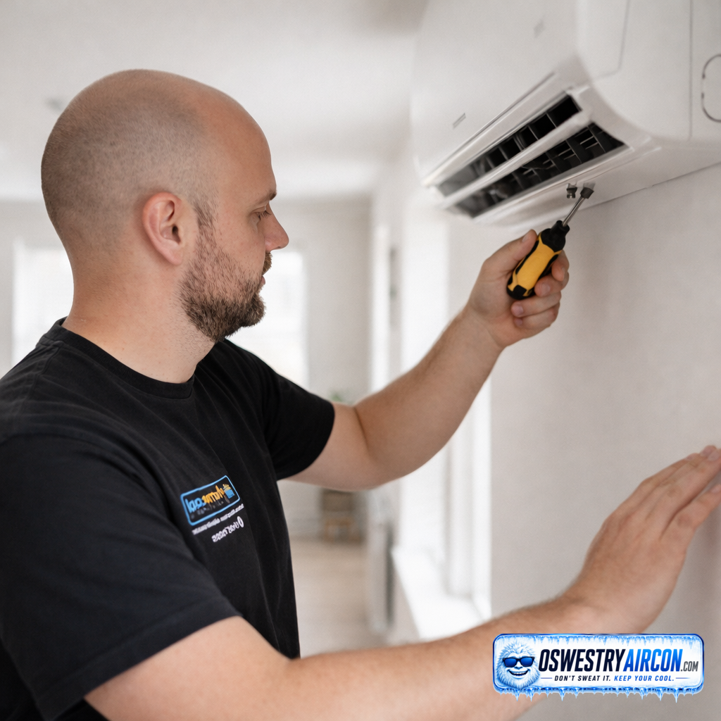Oswestry Air Conditioning air conditioning engineer reviewing system error codes during maintenance