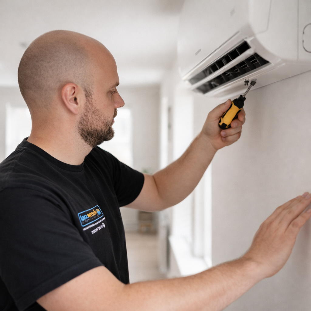 Thermocool air conditioning engineer reviewing system error codes during maintenance