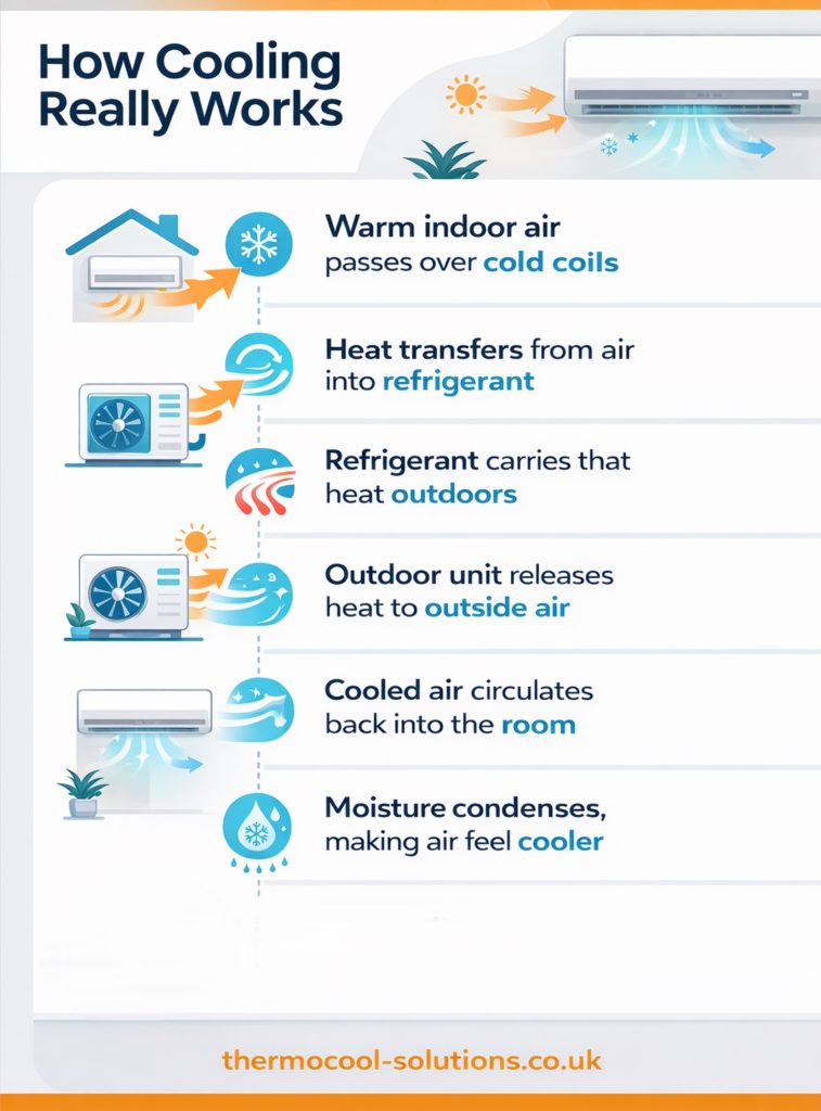 explaining how air conditioning systems work by removing heat and circulating cool air indoors