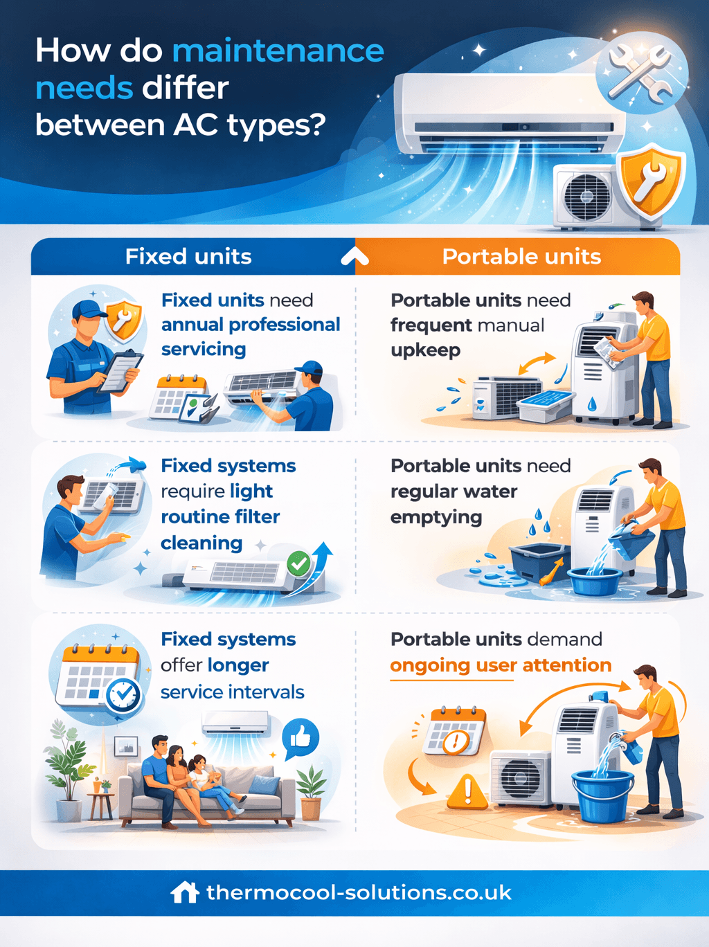 explaining how maintenance requirements differ between different types of air conditioning systems