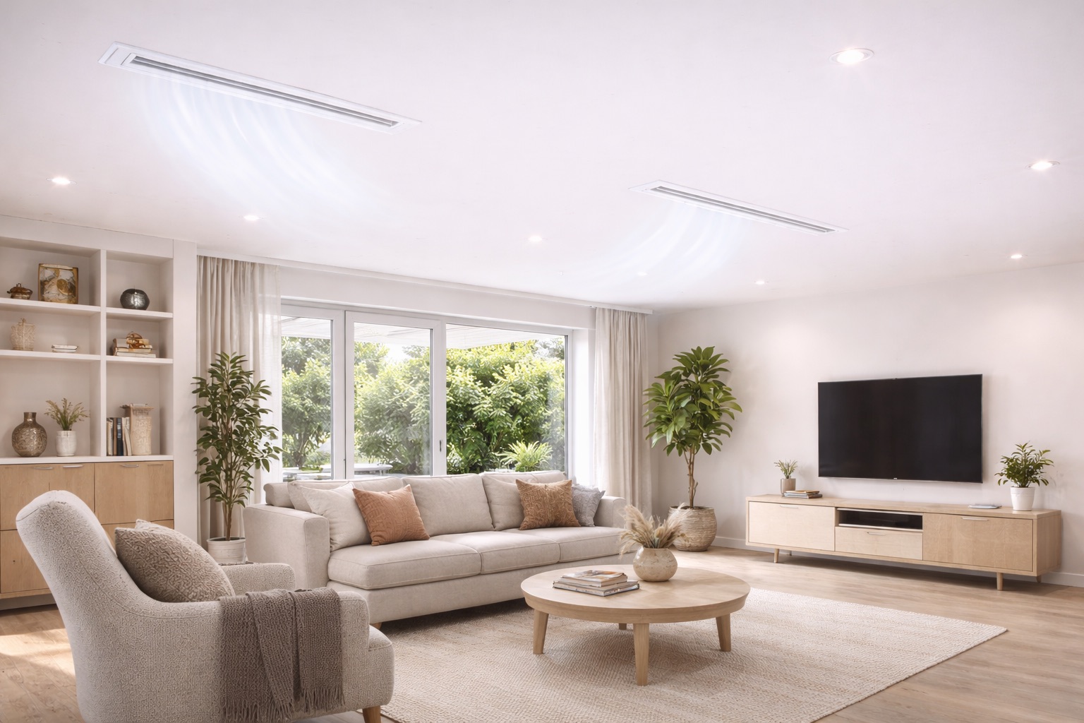 Ducted air conditioning system installed in a modern open-plan living room providing year-round heating and cooling
