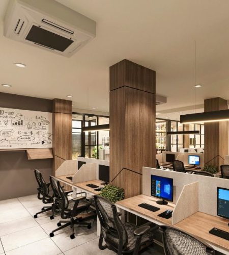 Ceiling-mounted air conditioning unit installed in an office, providing efficient cooling and maintaining a comfortable indoor working environment.